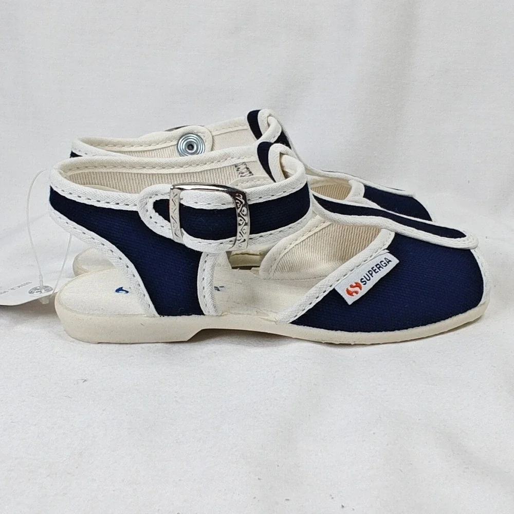 Superga 1200 COTJ Sandals Navy Blue Canvas T-Strap Kids Size 8.5 US 25 EU New